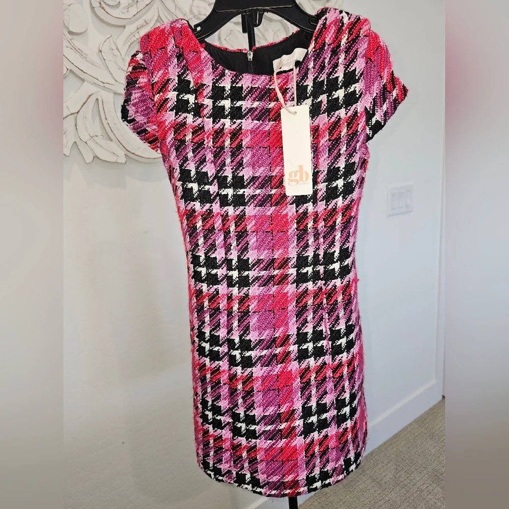 NWT gb plaid Pink & Black Houndstooth Tweed Vintage Look Girls Dress 10, 5, & 2T